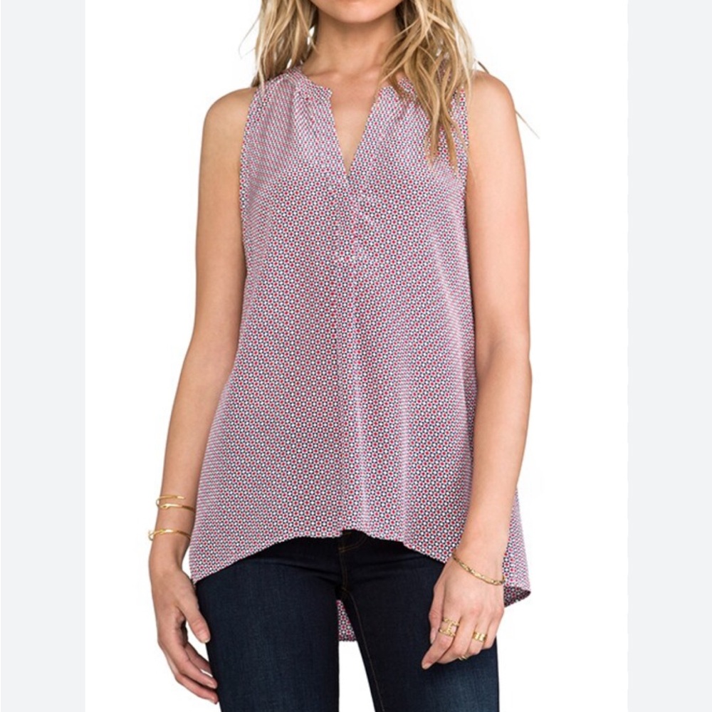JOIE Aruna Savory Silk Tank Blouse in Candy Red White Blue Diamond Pattern XS